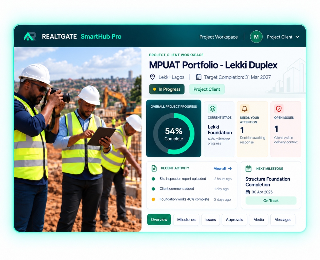 Realtgate SmartHub Pro - Project Client Workspace showing site supervision, milestone progress, and stage tracking