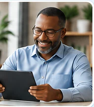 Mature property owner reviewing information on a tablet.